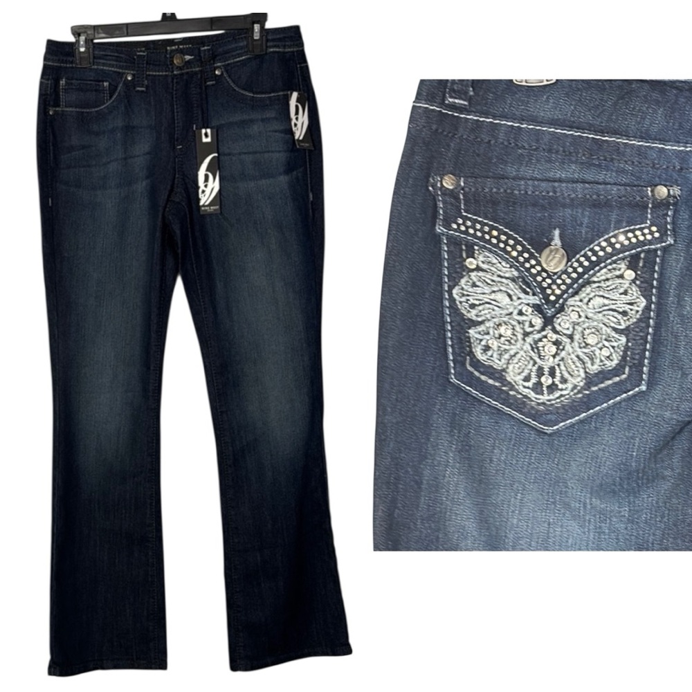 Nine West Jeans Blue Dark Wash Boot Cut w/ Back Pocket Bling in‎ Size 6/28  NWT